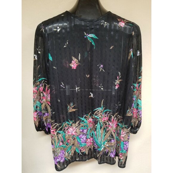 Vintage Risa Ann New York Womens Floral Sheer Top Size 18 1/2 Black 3/4 Sleeve - Picture 1 of 10